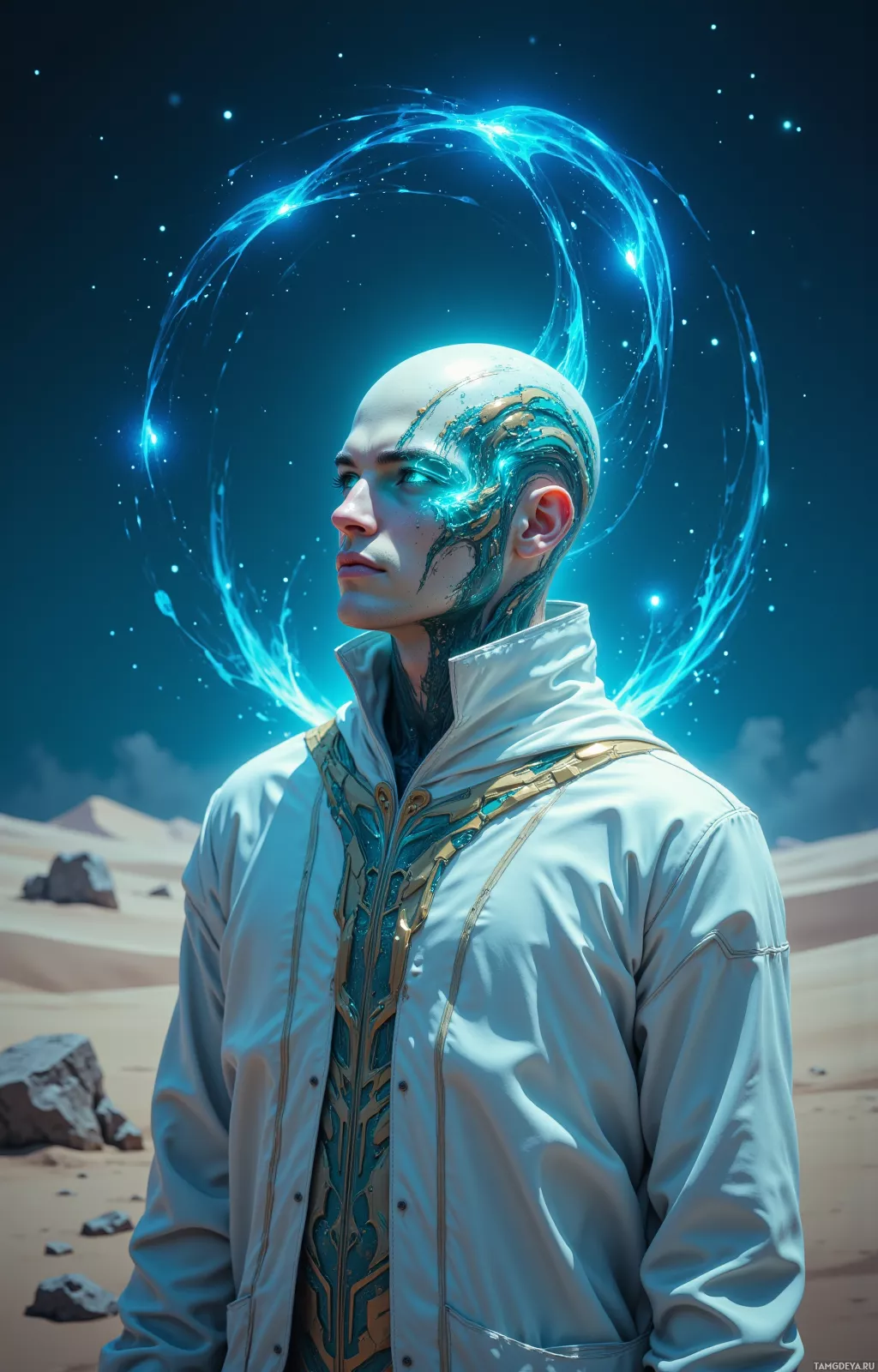 A person stands in a desert under a starry sky, wearing a futuristic jacket with glowing blue energy swirling around their head.
