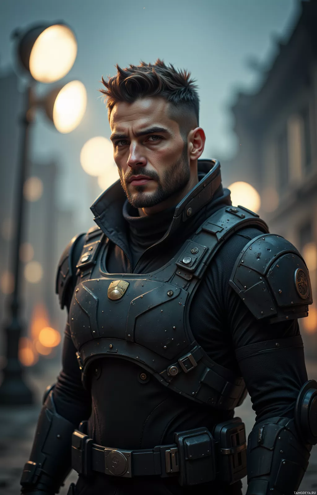 A person in a futuristic armored outfit stands on a dimly lit street.