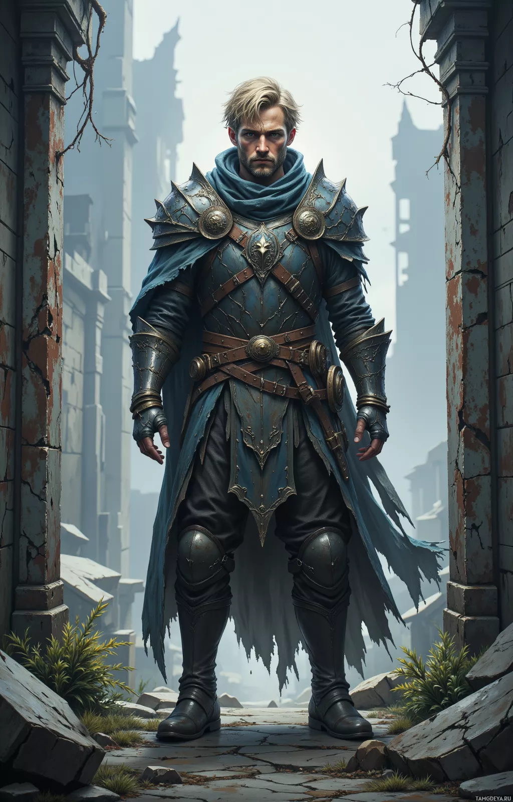 A warrior in ornate armor stands amidst ruins.