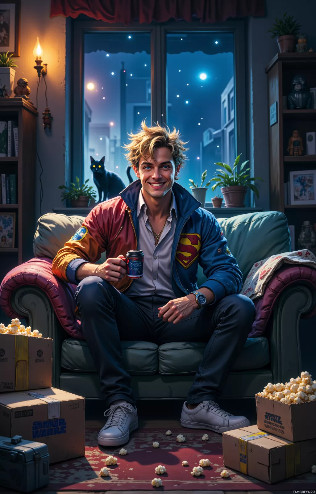 A person in a Superman jacket sits on a couch, holding a coffee cup, with boxes and popcorn scattered around.