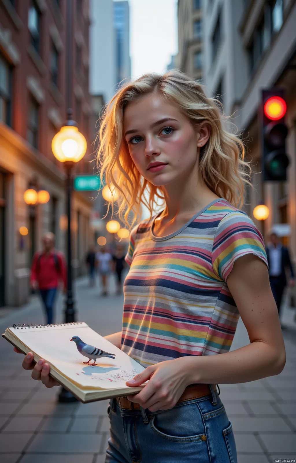 A person stands on a city street holding an open book with a bird illustration.