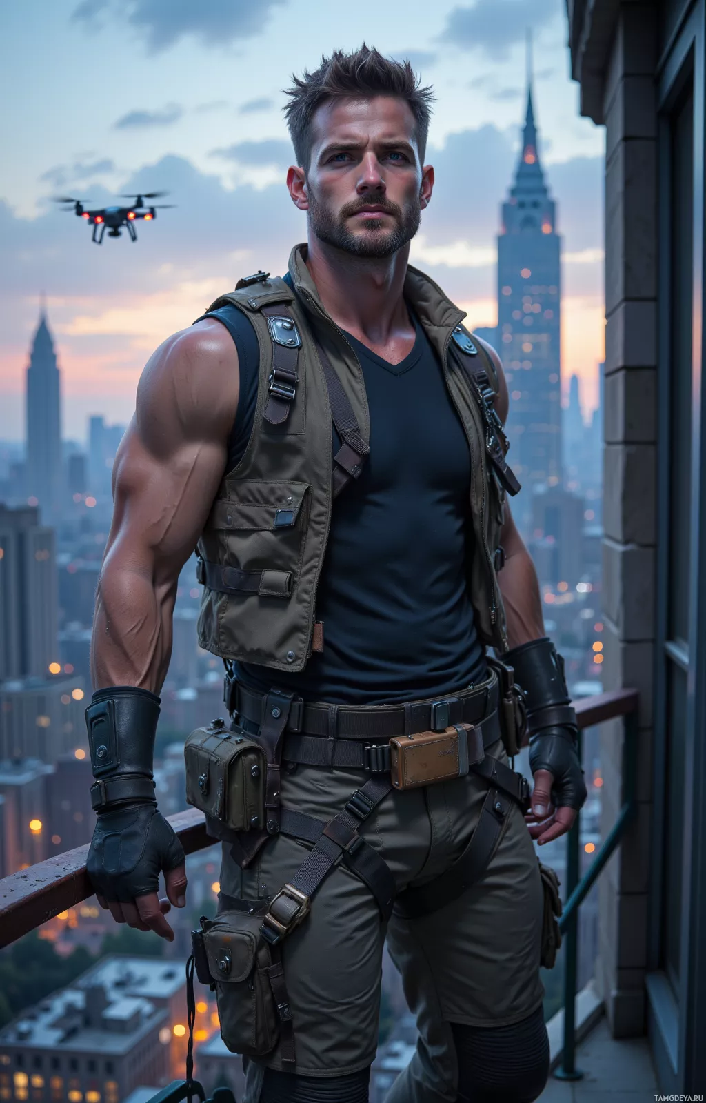 A muscular man in tactical gear stands on a rooftop overlooking a cityscape at dusk.