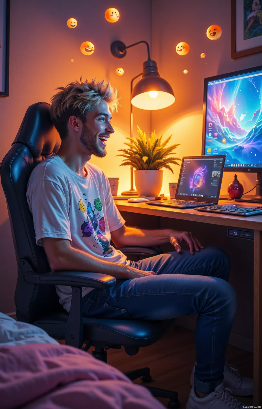 A person sits at a desk with a computer, smiling, in a cozy room with emoji decorations.