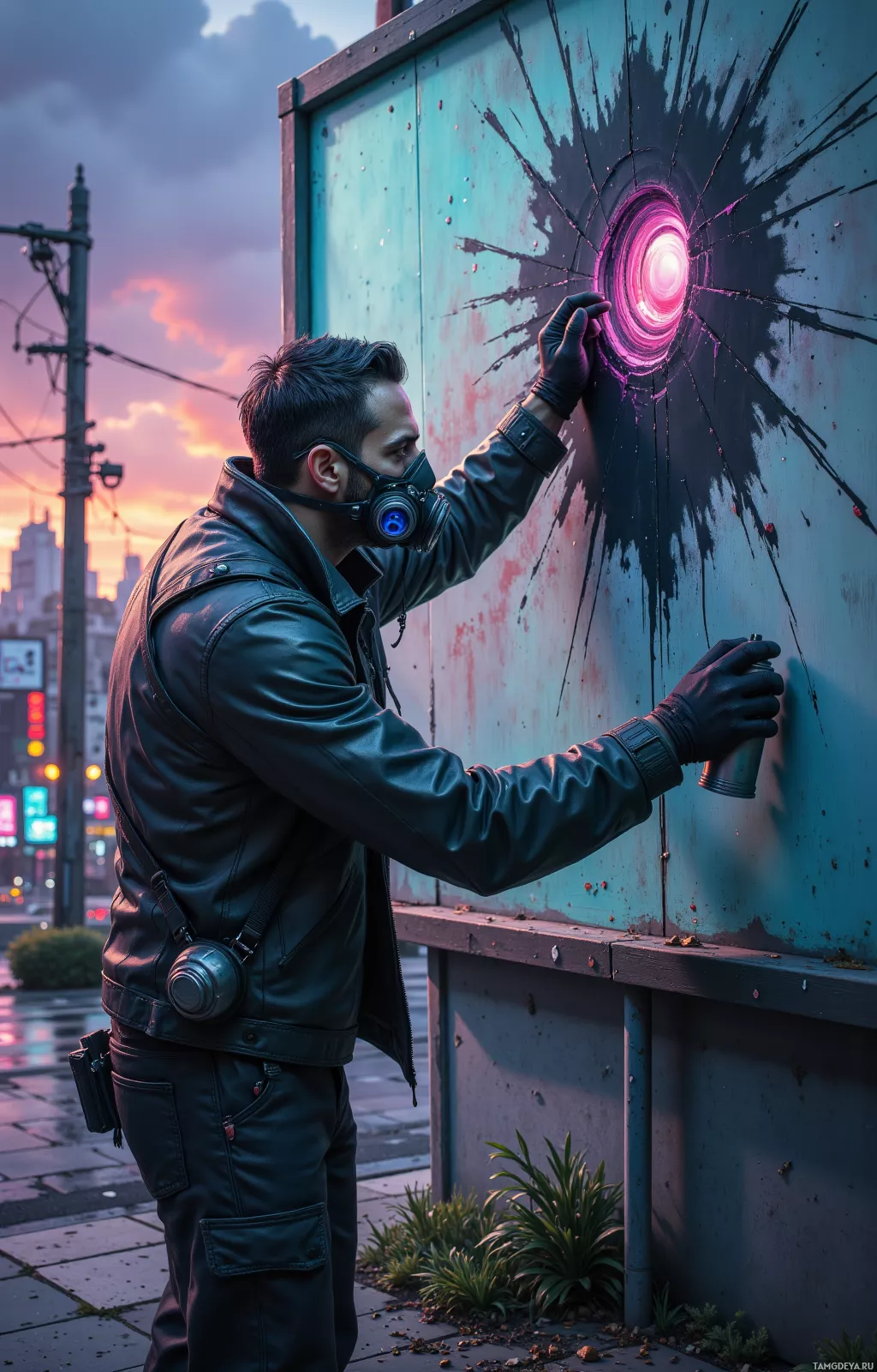 A person in a leather jacket and gas mask spray paints a glowing pink design on a wall.