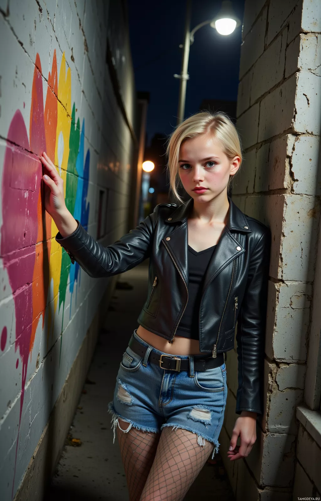 A young woman stands in an alleyway at night, leaning against a wall with colorful graffiti, wearing a leather jacket and ripped denim shorts.