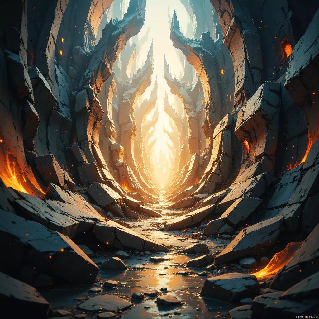 A rocky tunnel with glowing embers and light at the end.