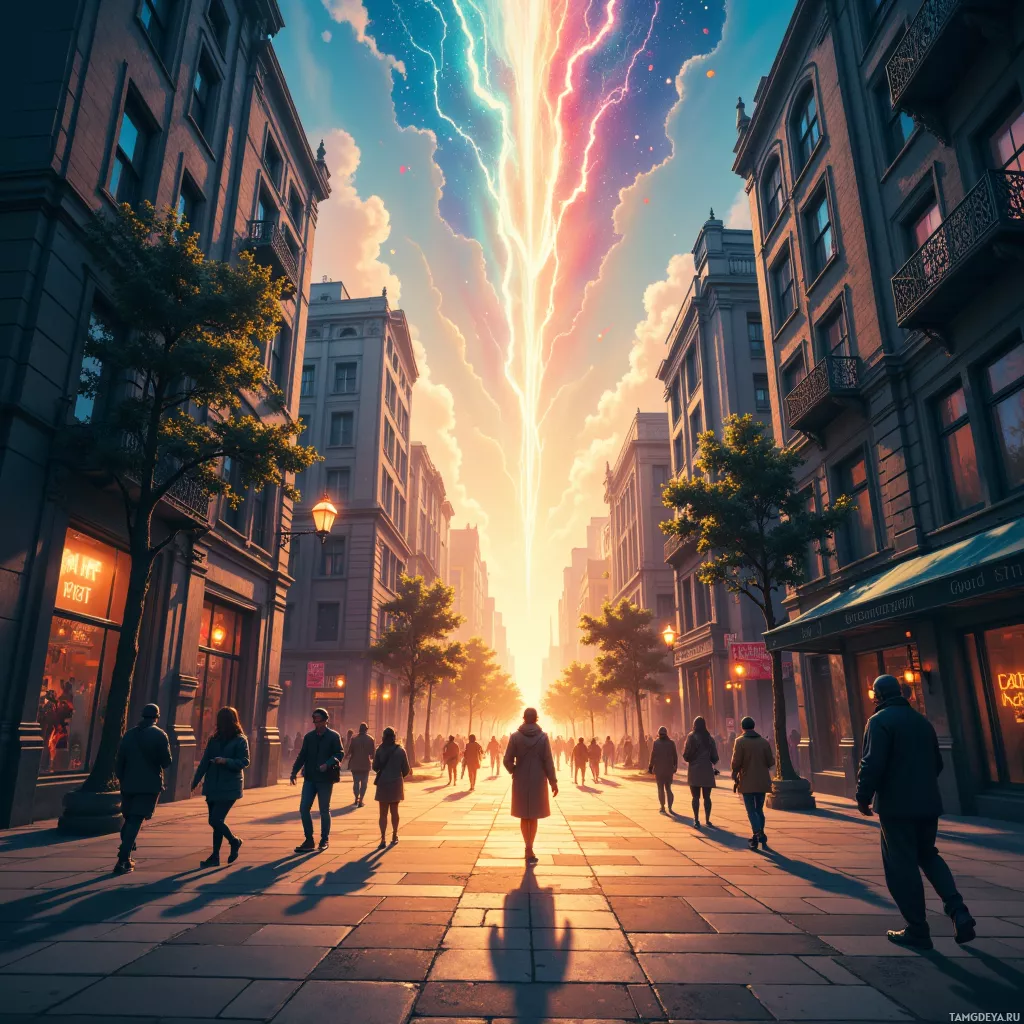 A bustling city street with people walking, illuminated by a vibrant sky with streaks of light.