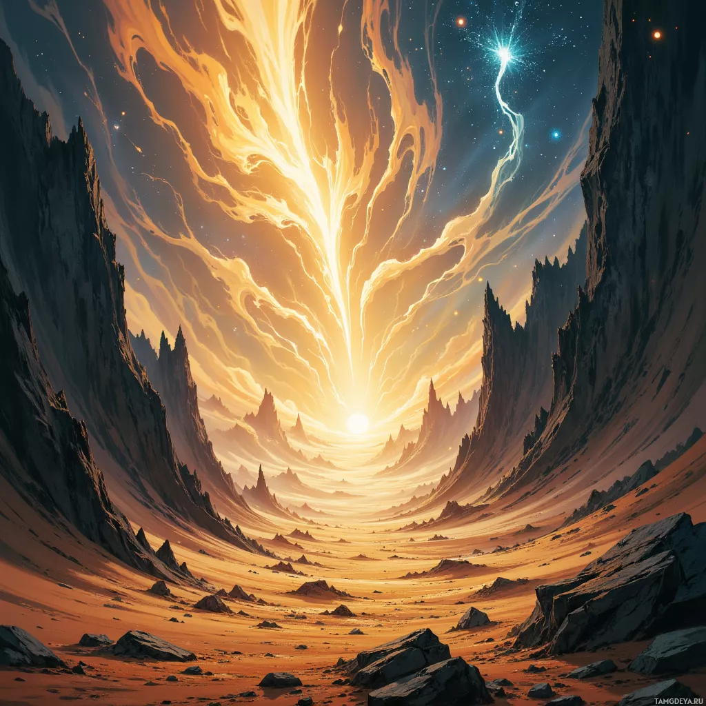 A surreal, otherworldly landscape featuring a radiant, glowing light source at the center, casting dramatic shadows and illuminating jagged rock formations.