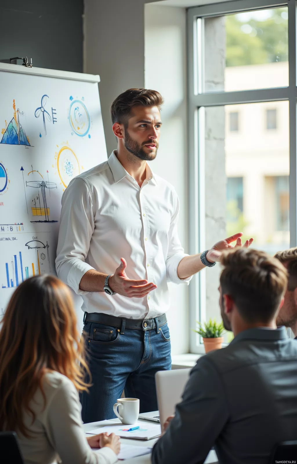 A man in a white shirt and jeans is giving a presentation in an office setting.