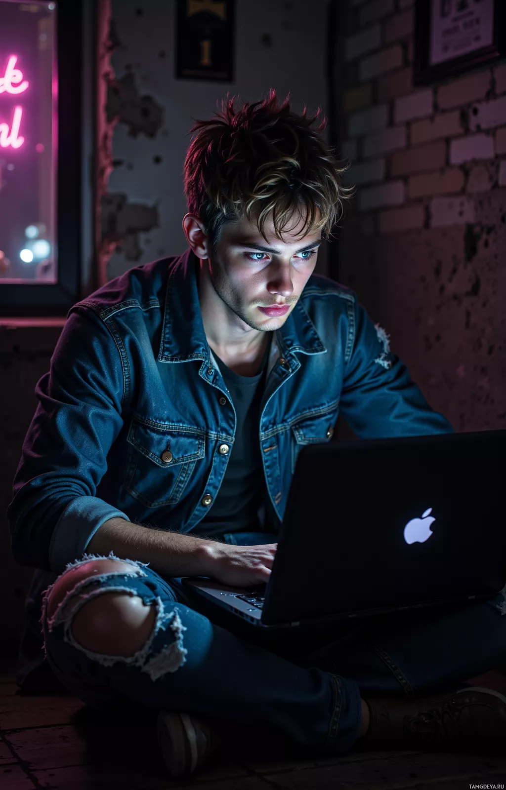 A person in a denim jacket and ripped jeans sits on the floor, using a laptop in a dimly lit room with neon lighting.