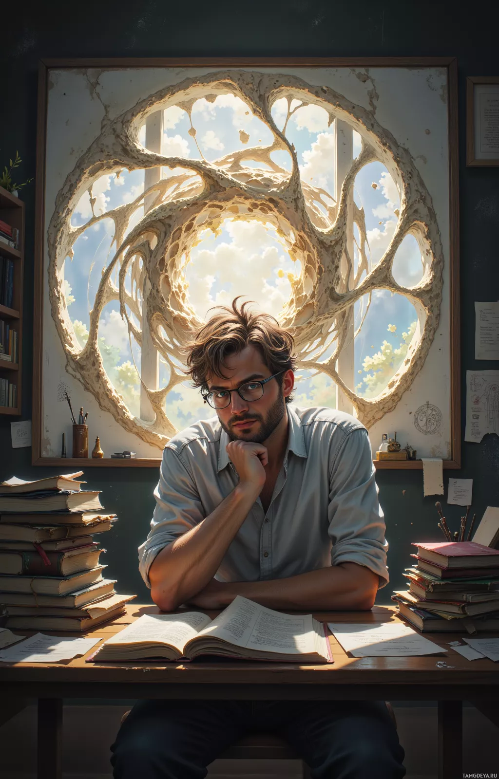 A man sits at a desk with books, surrounded by a surreal, organic window frame.