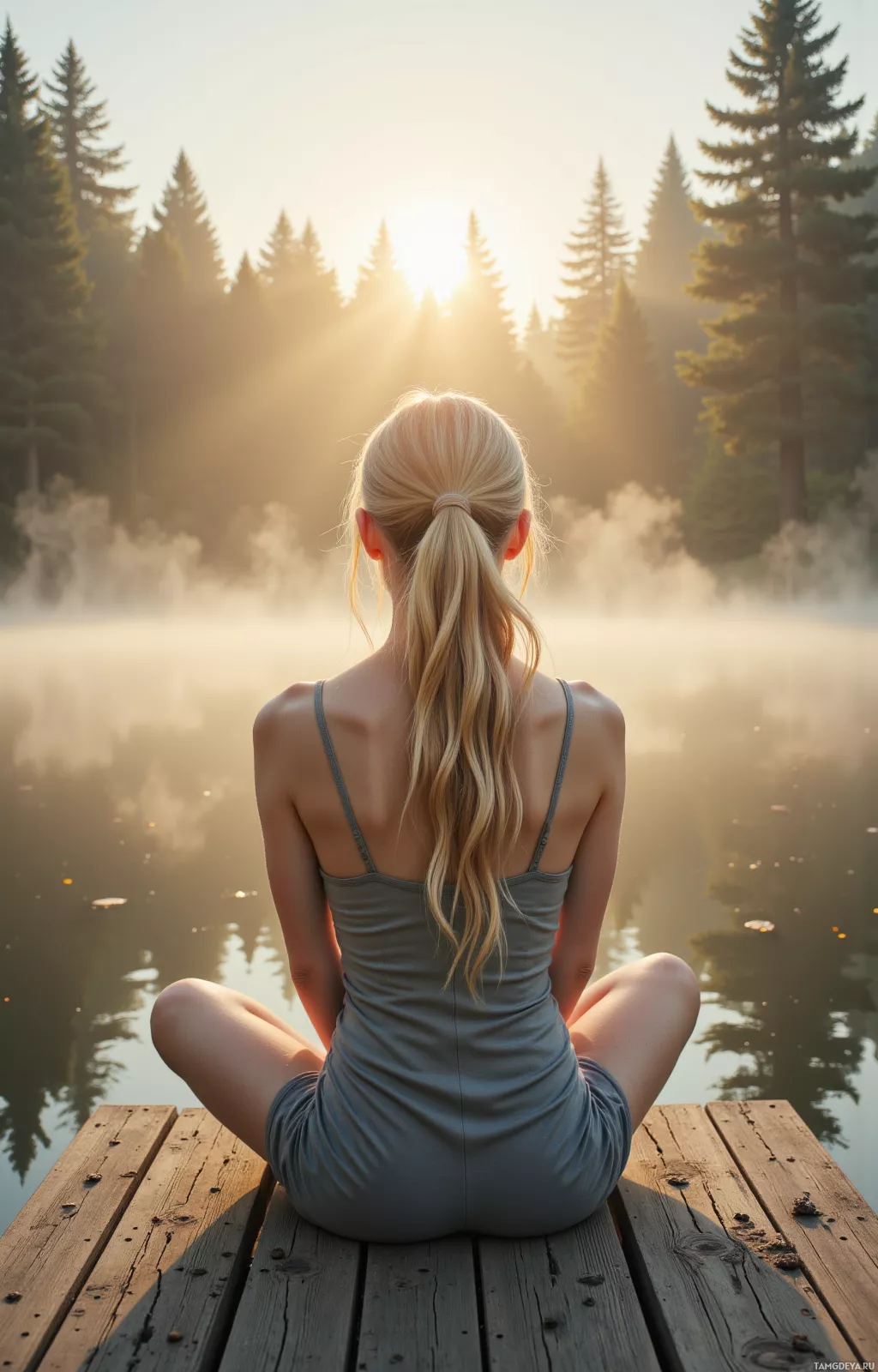 A woman sits in a lotus position on a wooden dock, gazing at a misty lake with the sun rising behind a forest of trees.