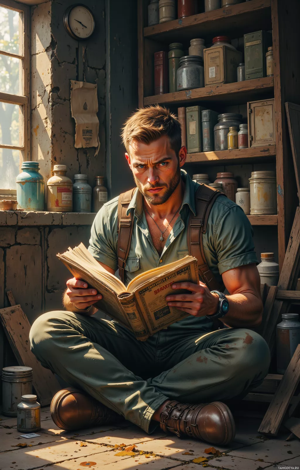A man sits on the floor in a rustic workshop, reading an old book.