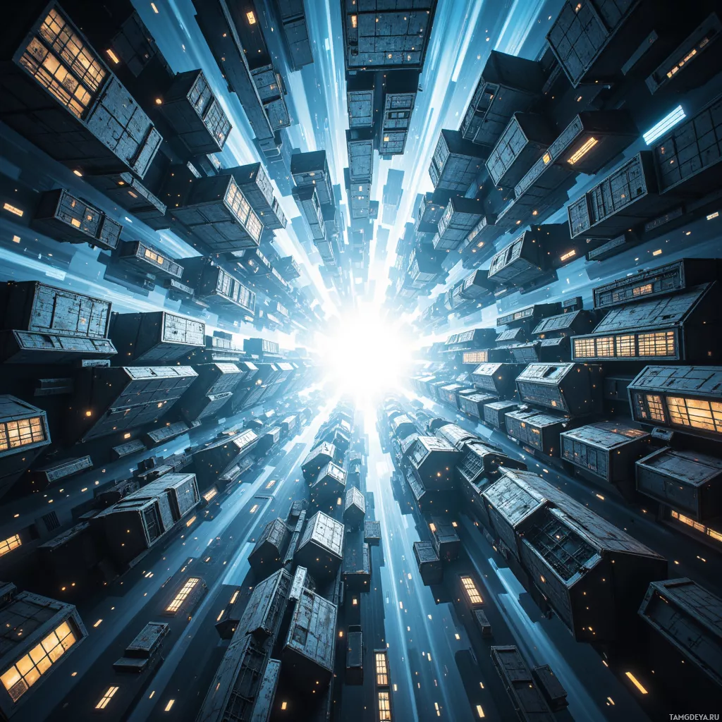 A futuristic cityscape with floating buildings and glowing lights.