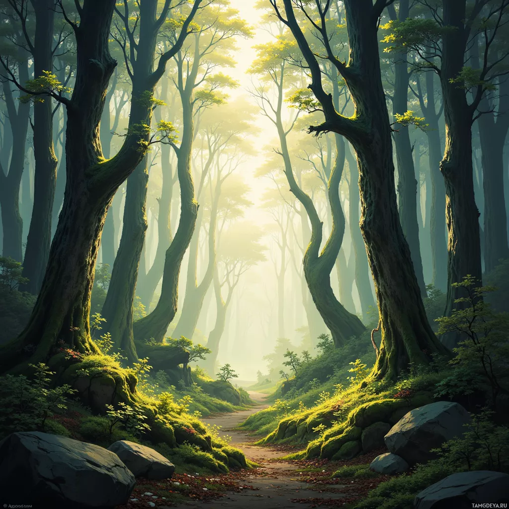 A serene forest scene with tall, moss-covered trees and a path leading through misty sunlight.
