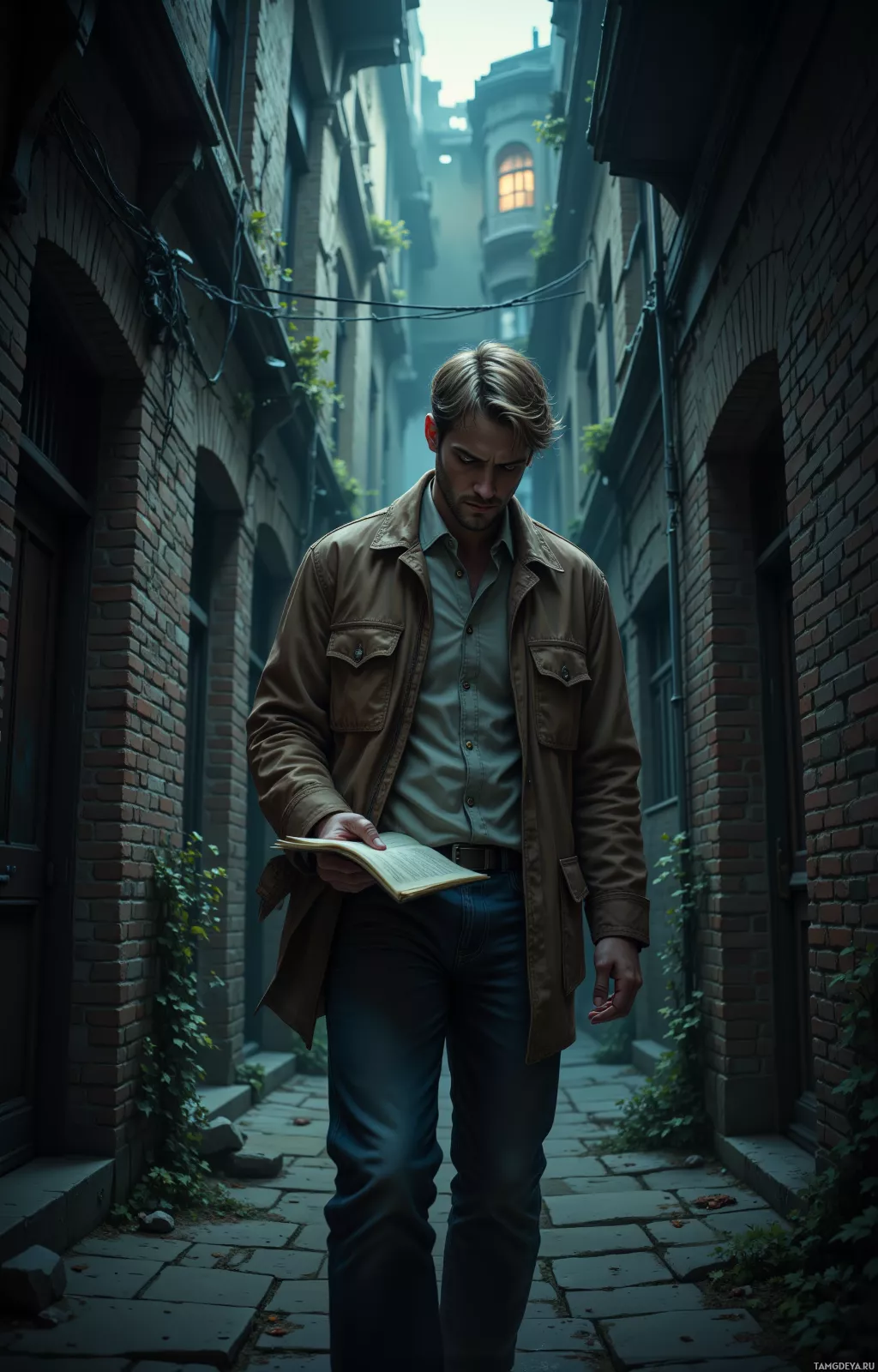 A man in a brown jacket and jeans stands in a narrow alleyway, reading a book.