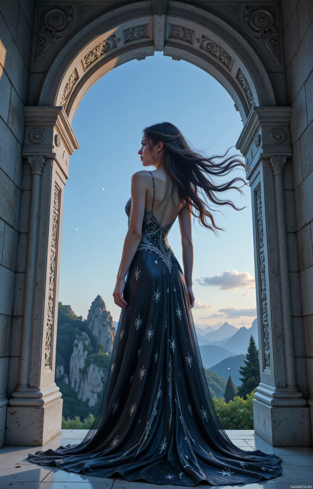 A woman in an elegant gown stands in an ornate archway, gazing at a scenic mountain landscape.
