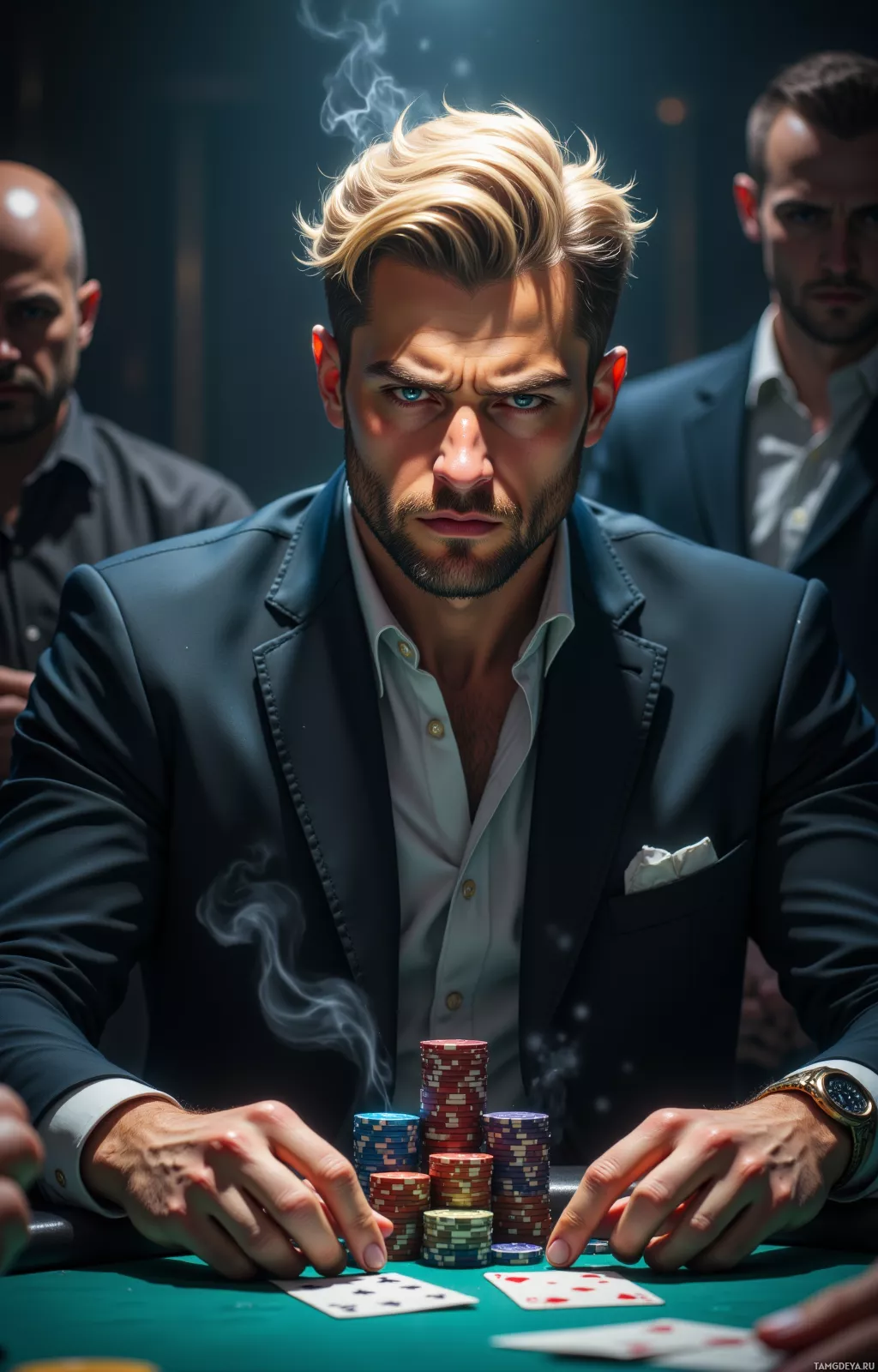 A man in a suit is playing poker at a table with chips and cards.