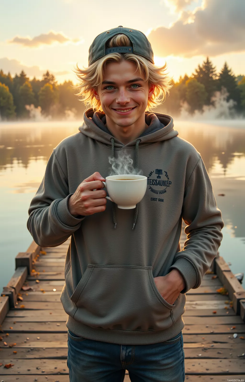 A person in a hoodie holding a steaming cup of coffee on a dock at sunset.