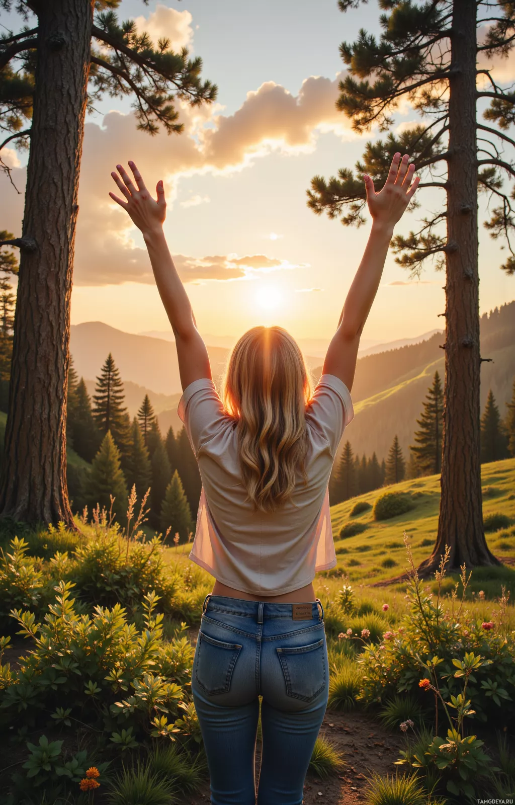 A person raises their arms in the air, facing a scenic sunset with trees and mountains in the background.