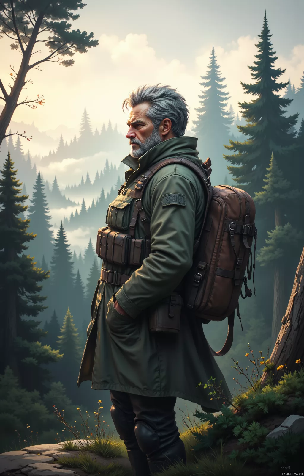 A man with a backpack stands in a forested landscape.