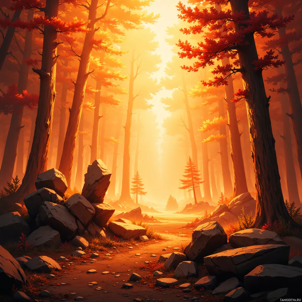 A serene forest scene bathed in warm, golden light with tall trees, rocky ground, and a path leading into the mist.
