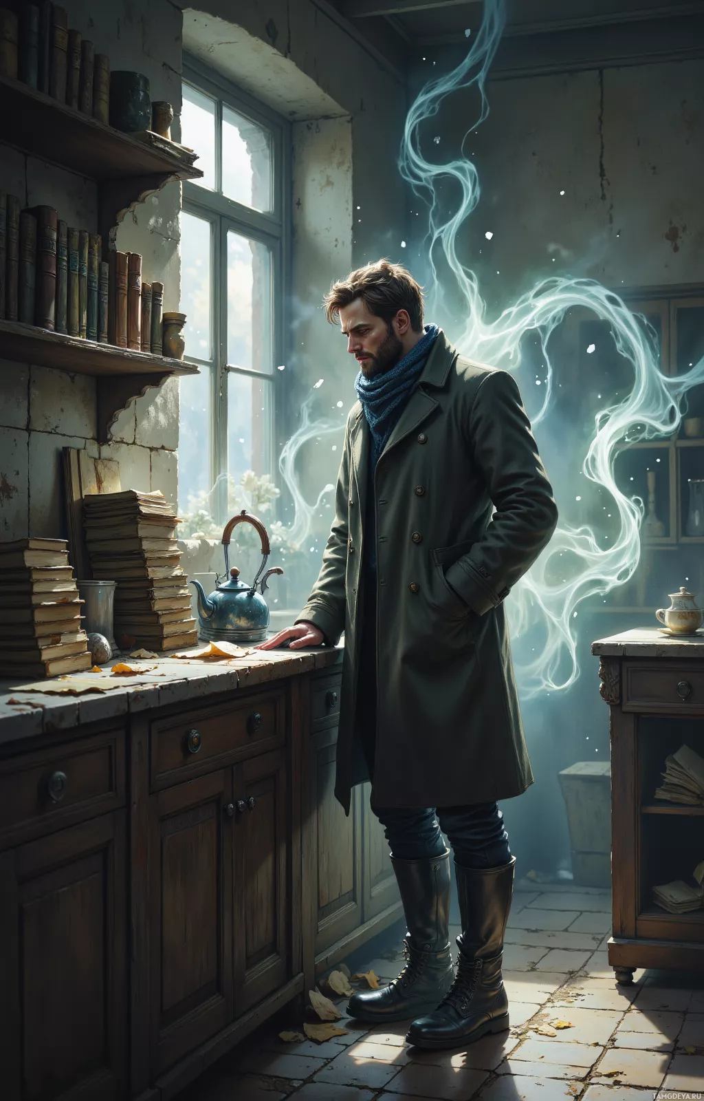 A man in a coat stands in a dimly lit room with books and a teapot, surrounded by swirling white smoke.