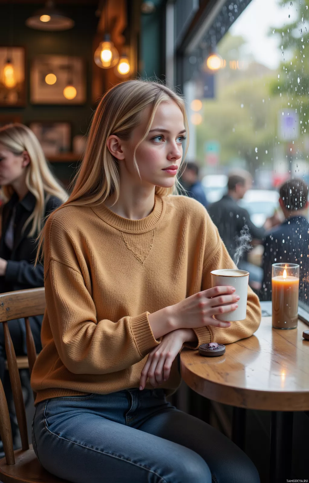 A woman sits at a cafe table, holding a steaming cup of coffee.