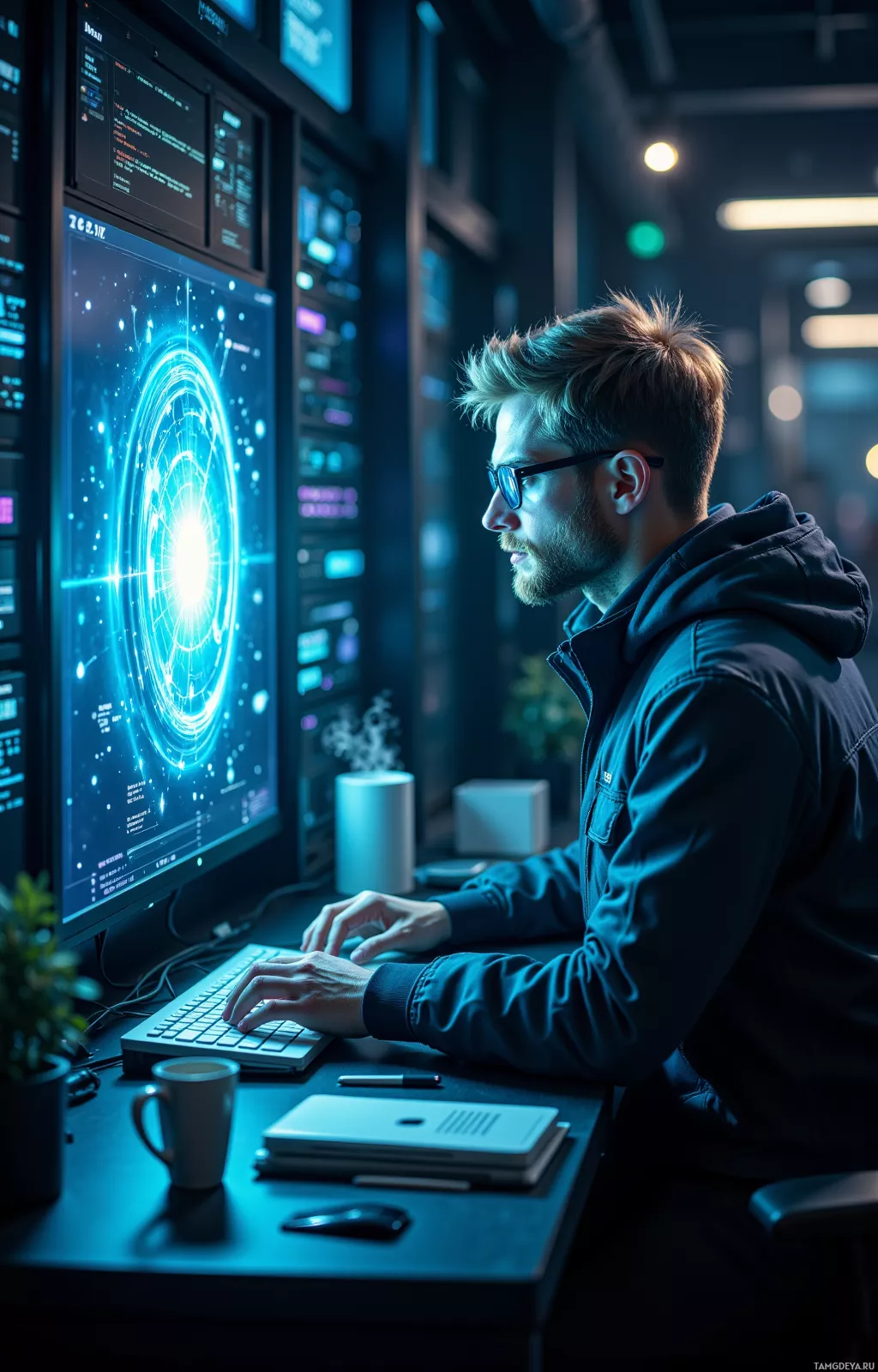 A person is working at a computer in a dimly lit room with futuristic displays.