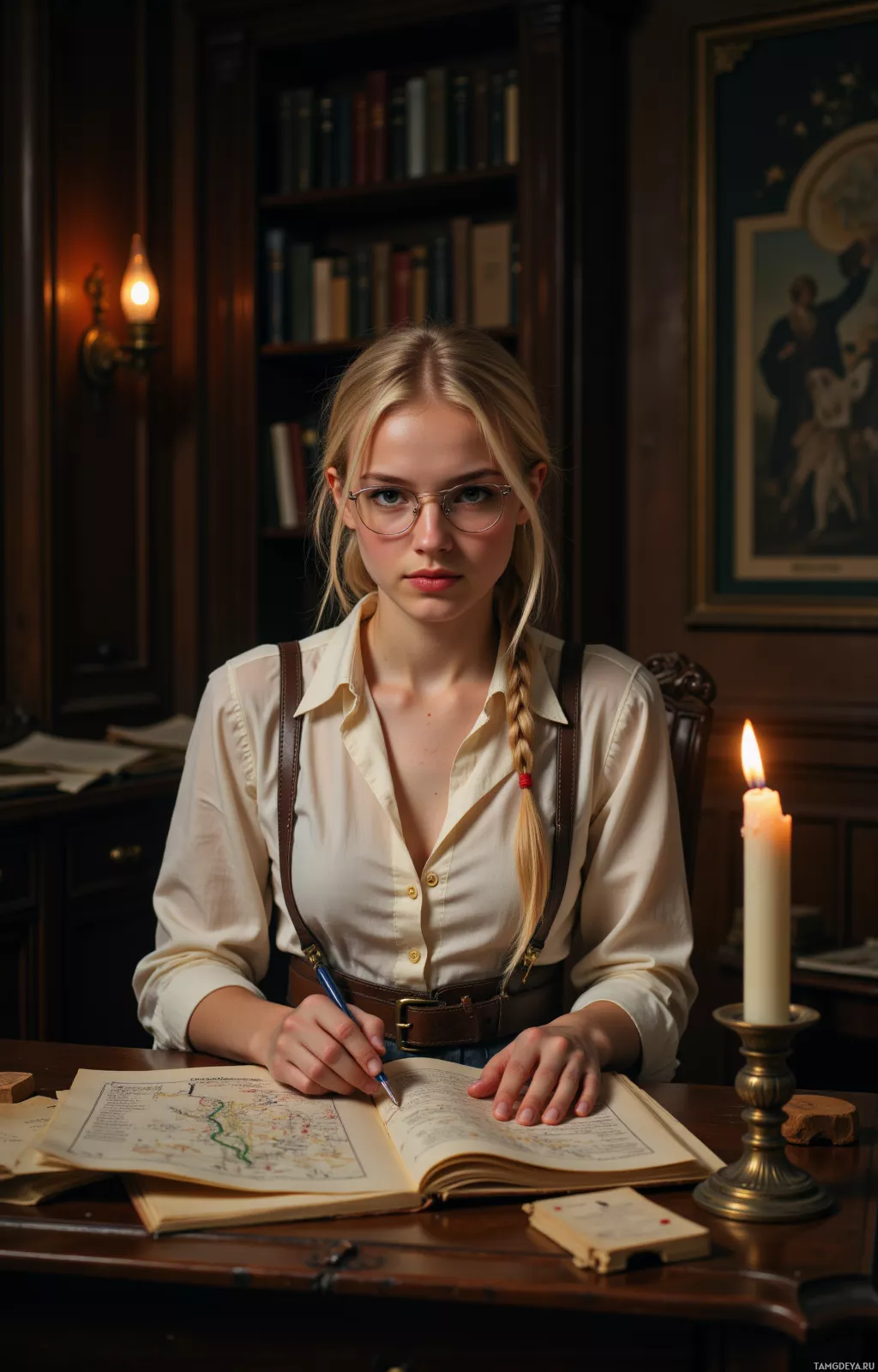 A woman in a vintage-style outfit sits at a desk, writing in a book with a lit candle nearby.