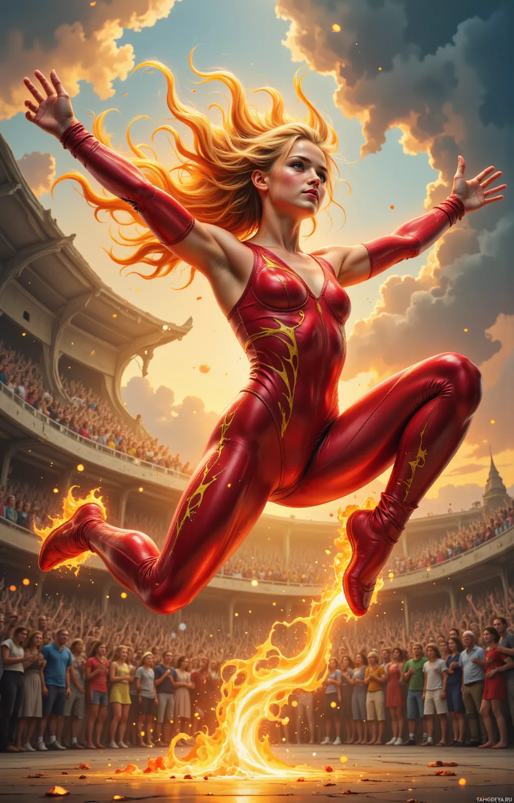 A dynamic illustration of a woman in a red outfit leaping with flames and a cheering crowd in the background.