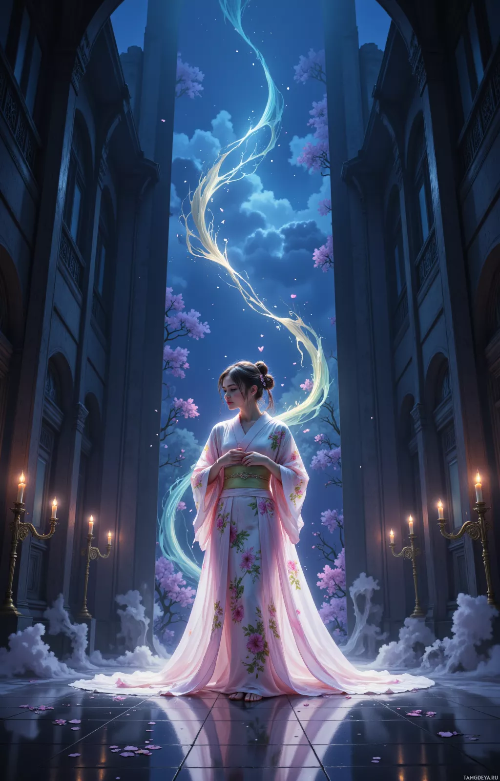 A woman in a flowing pink kimono stands in a grand hall with glowing candles and a dreamy sky.