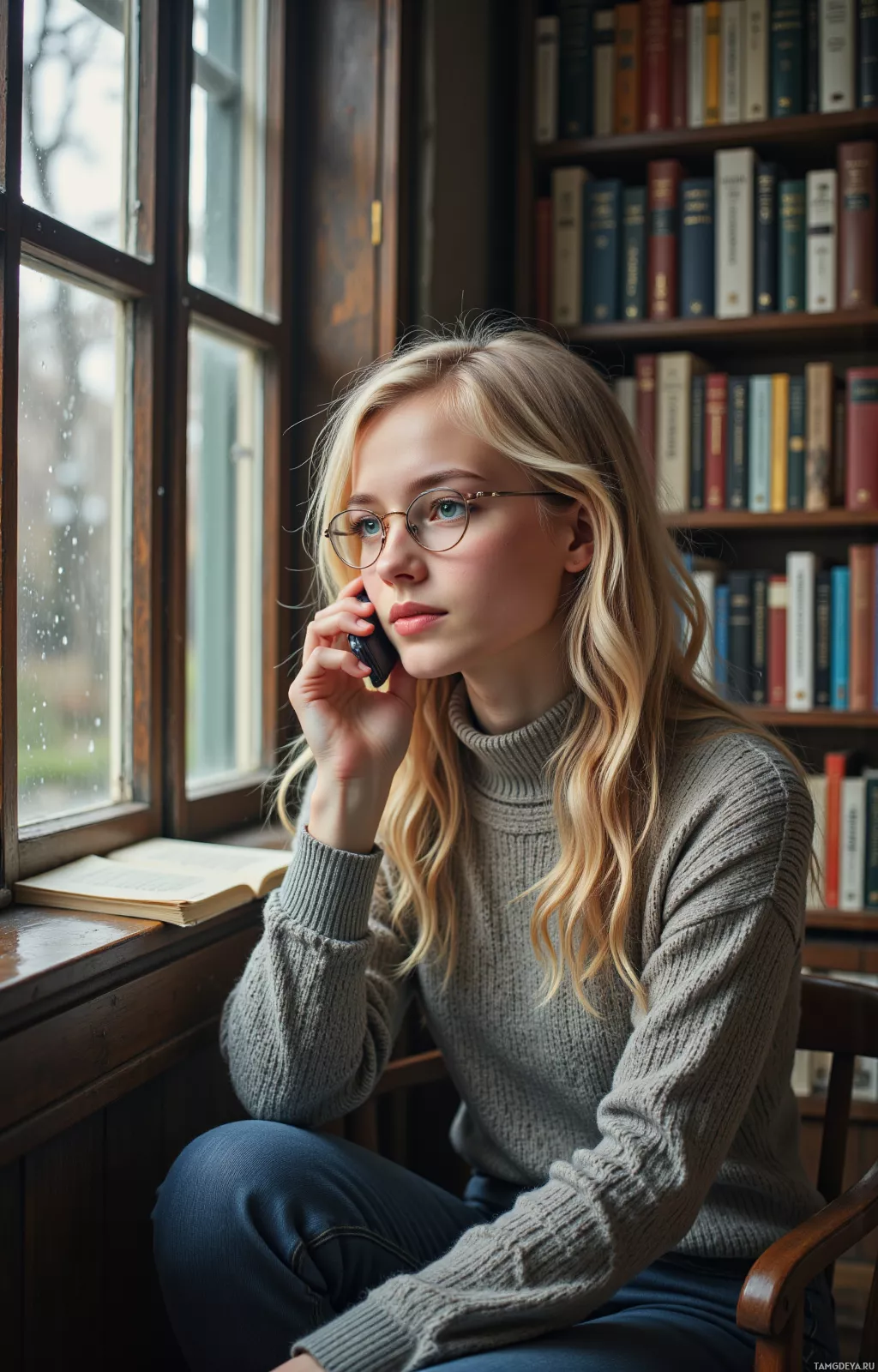 A woman sits by a window in a library, holding a phone to her ear.