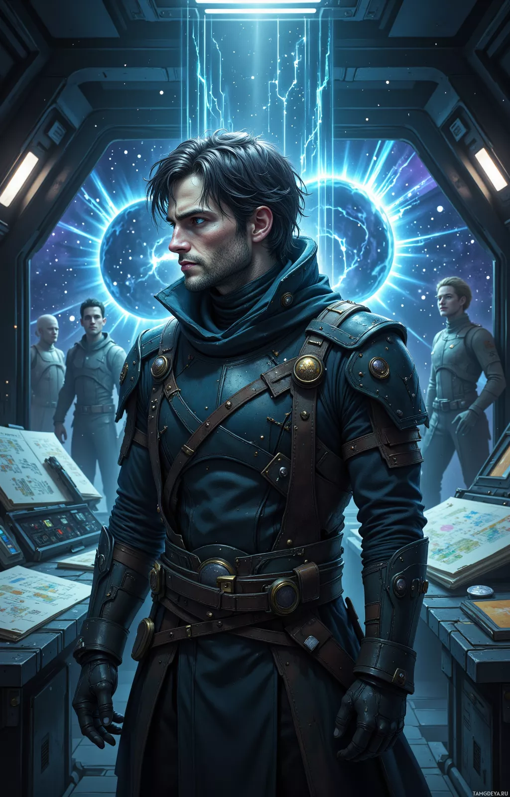 A character in a futuristic, armored outfit stands in a high-tech environment with glowing blue energy and a planet visible through a window.