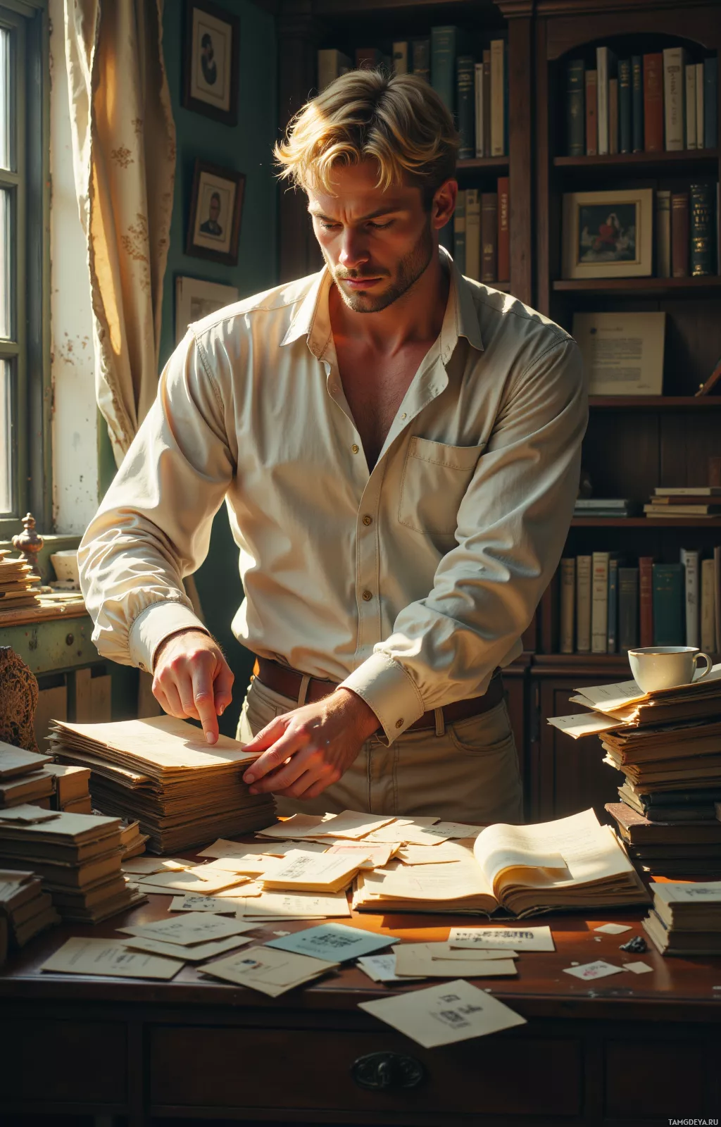 A man in a light-colored shirt is sorting through papers at a cluttered desk in a room with bookshelves and framed pictures.