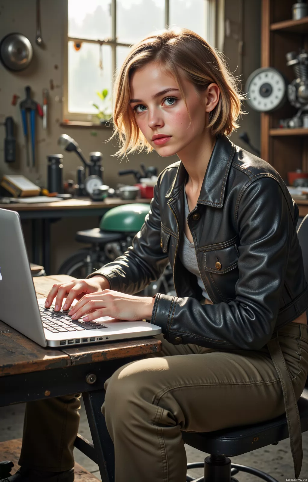 A person wearing a leather jacket and cargo pants is seated at a desk, working on a laptop in a workshop setting.