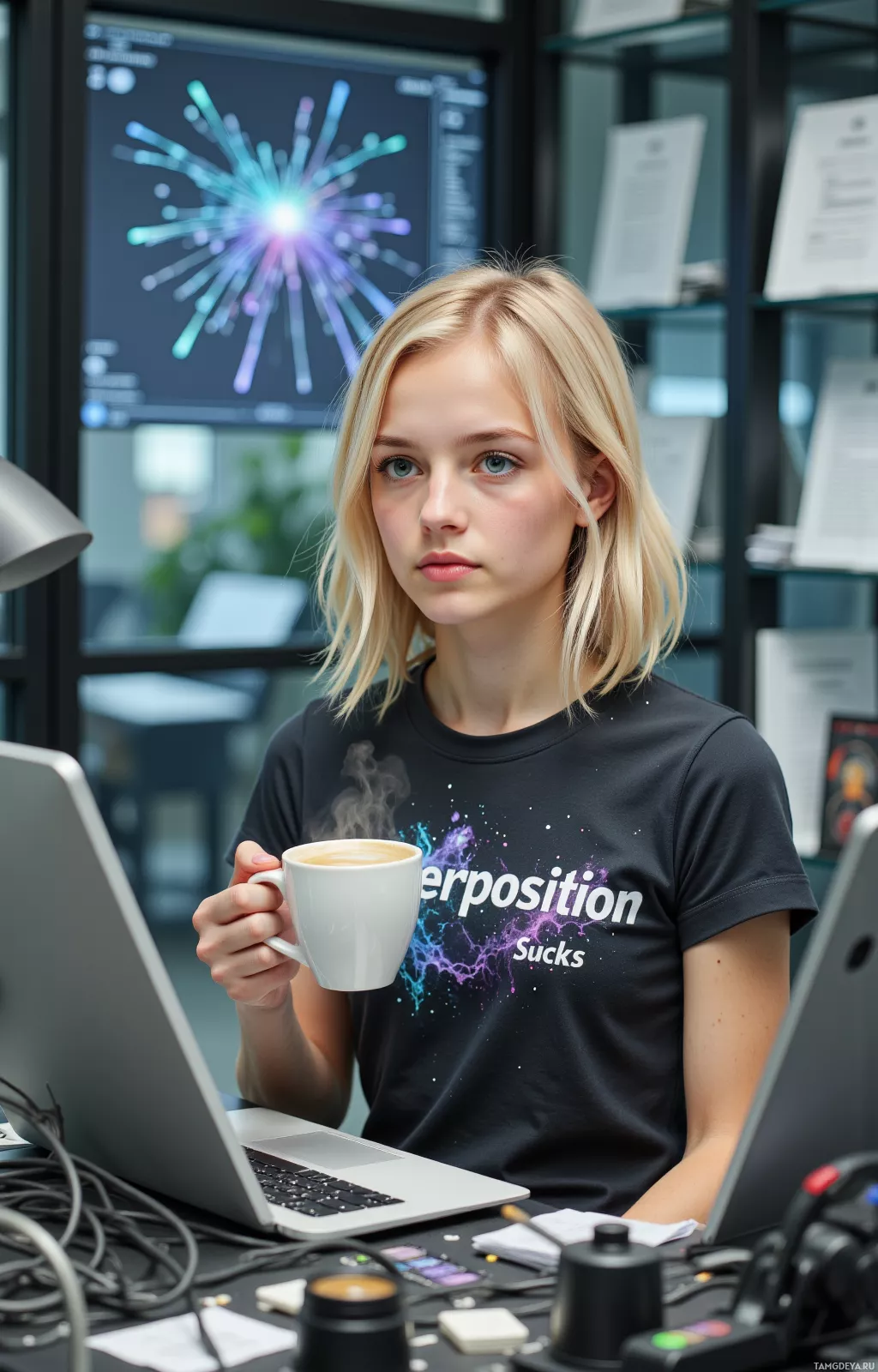 A person with blonde hair sits at a desk, holding a coffee mug, wearing a black t-shirt with a colorful design, and surrounded by office equipment.