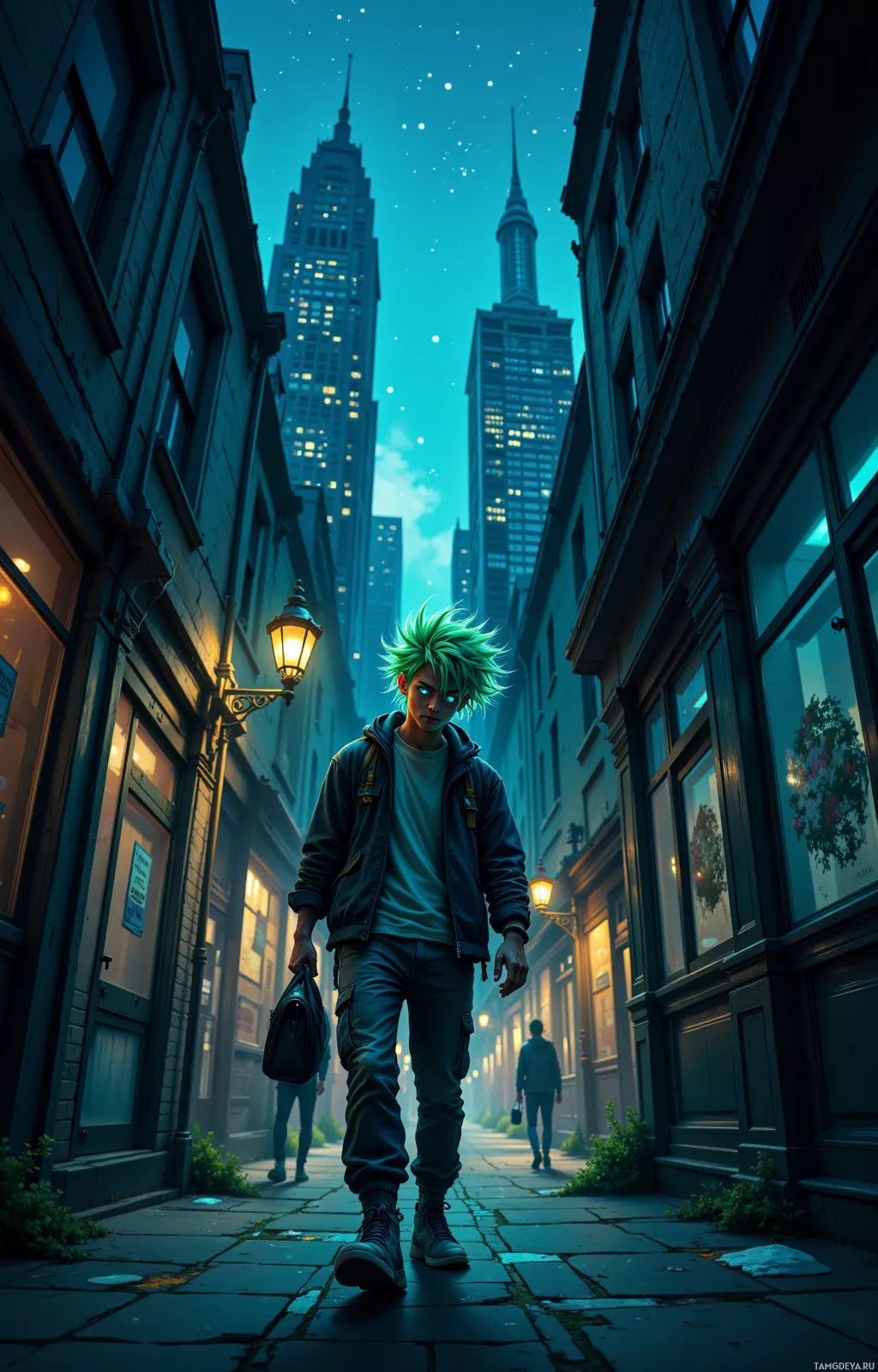 A young person with spiky green hair walks down a dimly lit alleyway at night, with tall buildings and glowing windows in the background.