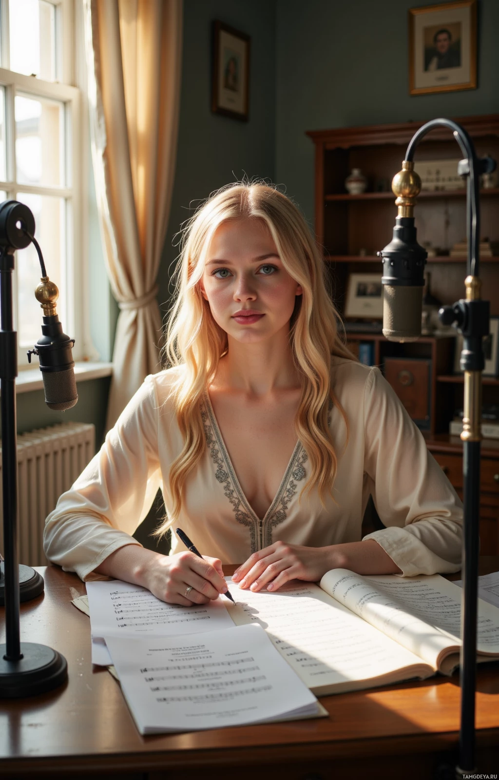A woman sits at a desk, writing in a notebook with a pen, in a room with a microphone and framed pictures on the wall.