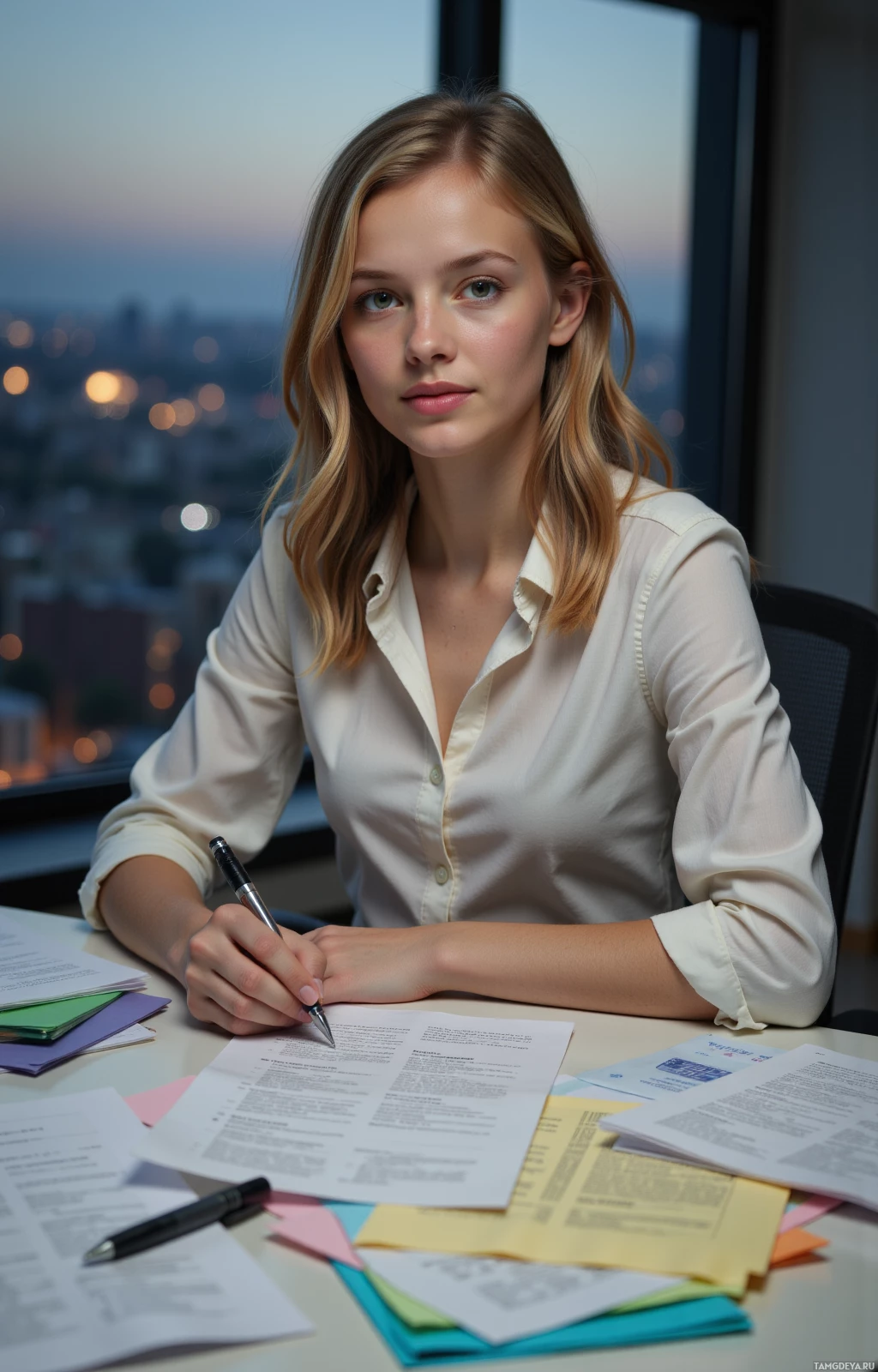 A woman in a white shirt sits at a desk with papers and a pen, overlooking a cityscape at dusk.