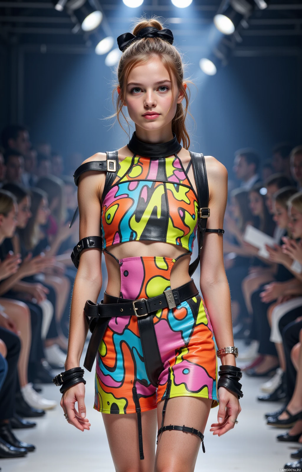 A model walks the runway in a vibrant, colorful outfit with leather accents.