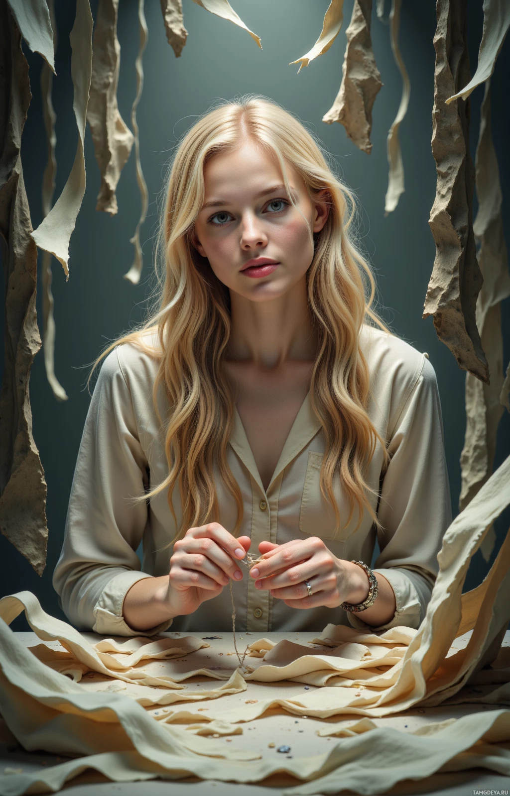 A woman with long blonde hair sits at a table surrounded by beige fabric and ribbons.