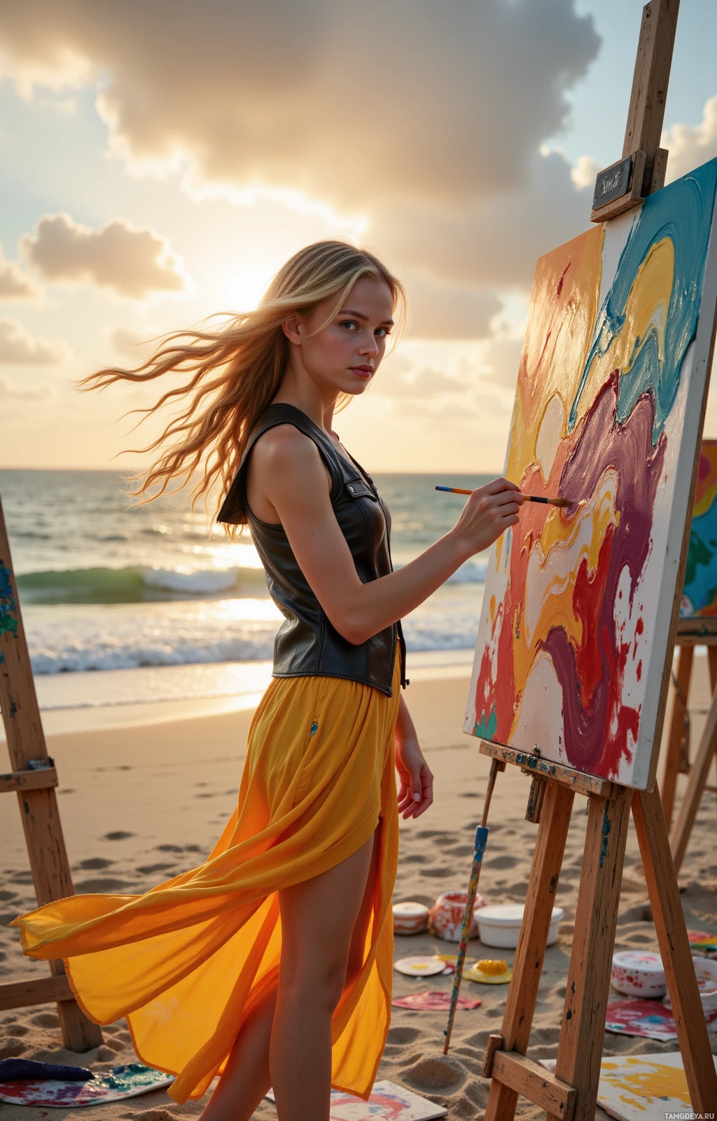 A woman paints on an easel at the beach during sunset.