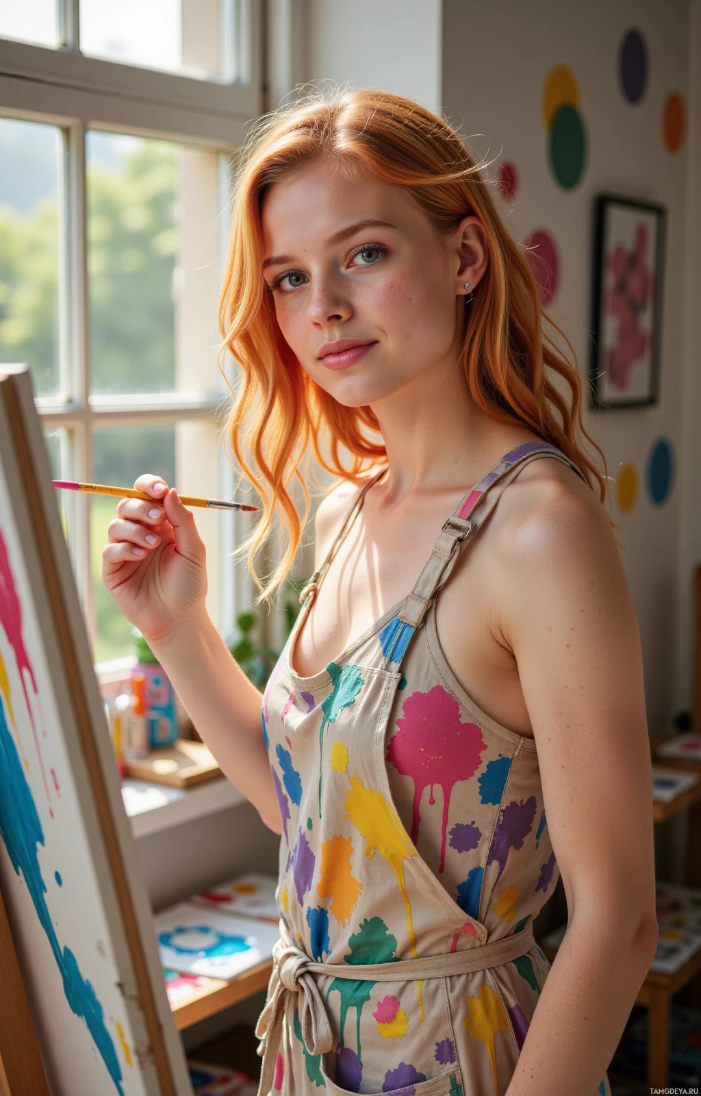 A young woman with red hair is painting in a brightly lit studio.
