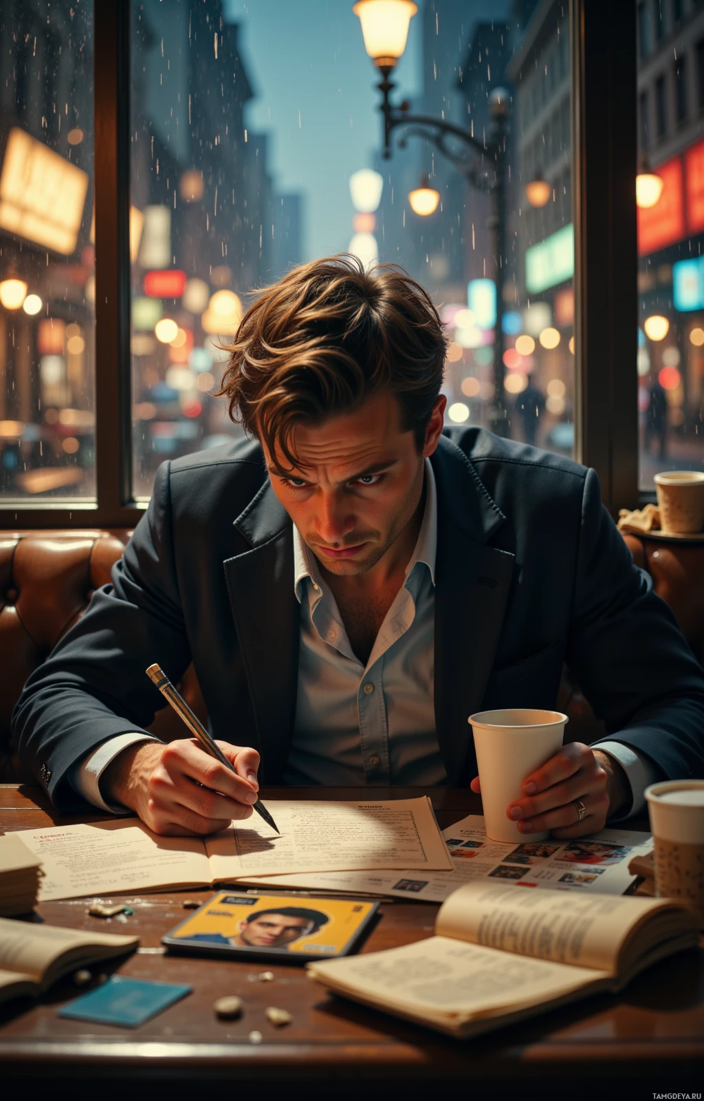 A man in a suit sits at a table, writing in a notebook with a cup of coffee beside him.
