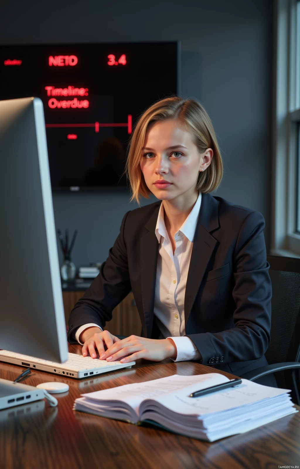 A woman in a professional setting is seated at a desk with a computer, documents, and a pen.