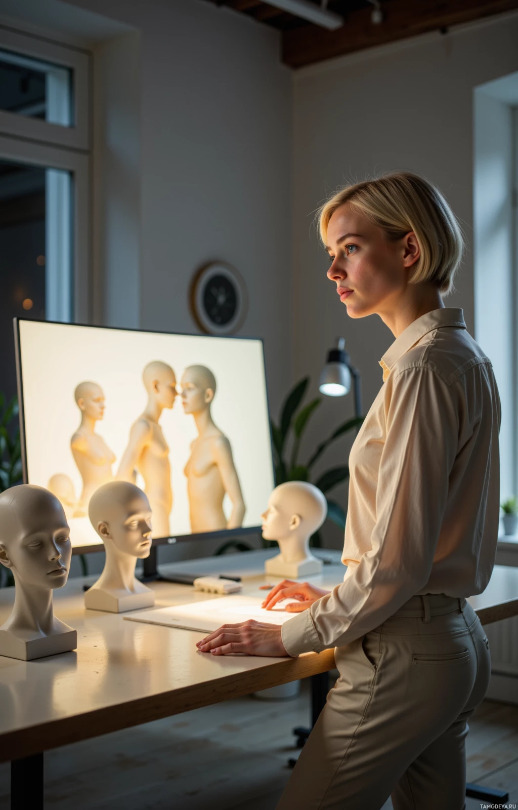 A woman stands in an office, looking at a monitor displaying mannequin heads.
