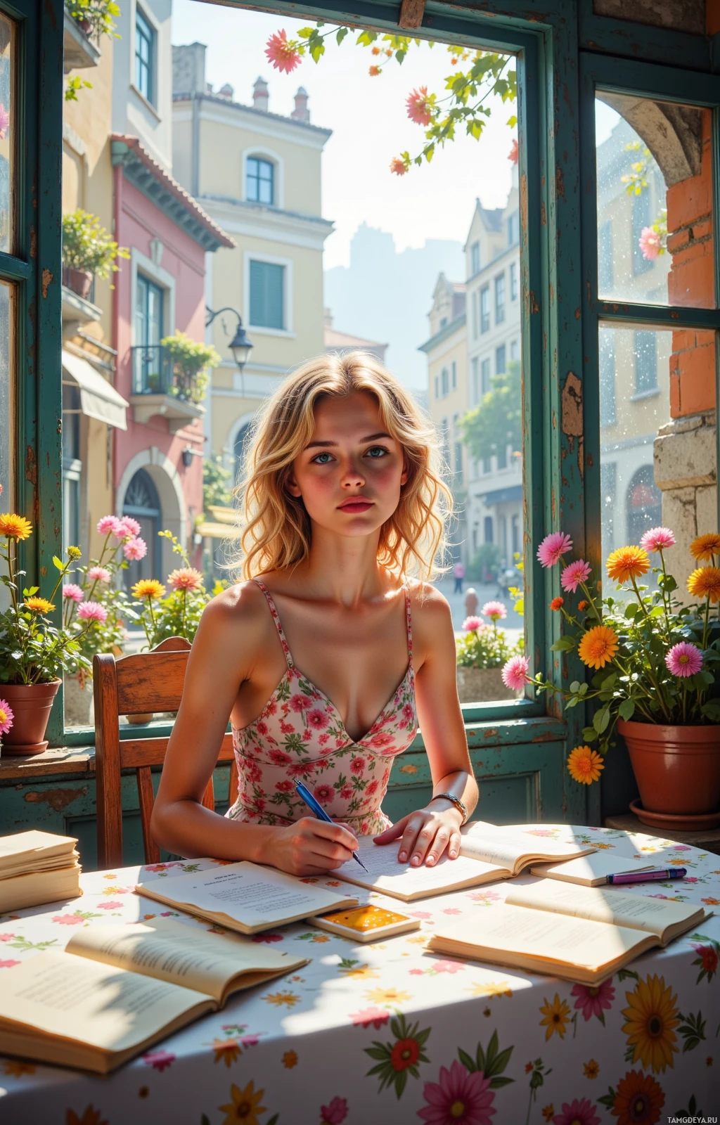 A woman sits at a table with books and flowers, writing in a notebook.