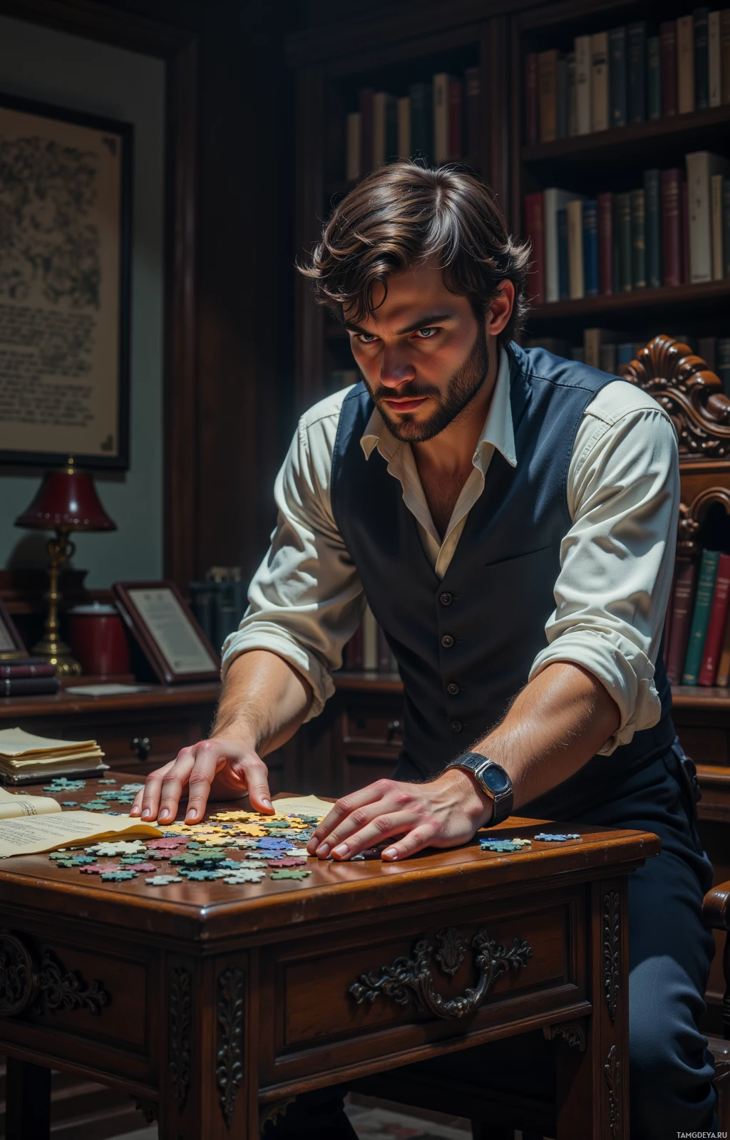 A man in a formal vest and shirt is working on a jigsaw puzzle at a desk in a library setting.