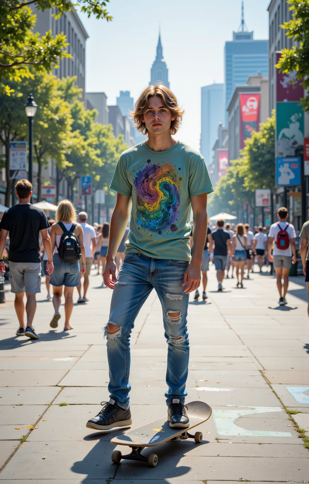 A person stands on a skateboard on a city sidewalk, surrounded by pedestrians and tall buildings.
